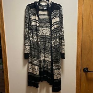 Extra long and black and tan patterned cardigan- with a hood!